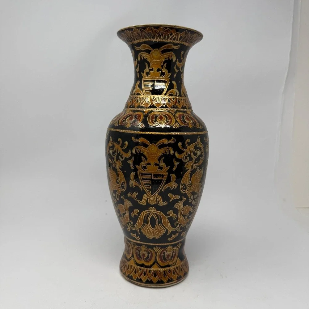 Vintage‎ Chinese Vase Black Gold French Phoenix Crest Floral Chinoiserie 11